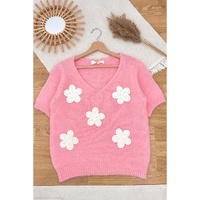 Pink Flower Crochet V Neck Short Sleeve Sweater - S thumbnail