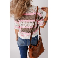 Brown Stripe Color Block Hollow Out Crochet Half Sleeve Sweater - L thumbnail