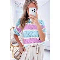 Purple Stripe Color Block Hollow Out Crochet Half Sleeve Sweater - M thumbnail