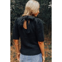 Black Knotted Keyhole Nape Short Sleeve Knit Sweater - L thumbnail