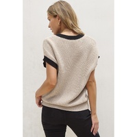 Light French Beige Contrast Trim Round Neck Batwing Sleeve Sweater Top - L thumbnail