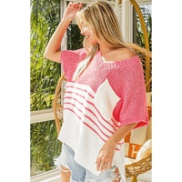 Strawberry Pink Contrast Stripes V Neck Knitted Short Sleeve Top - M thumbnail