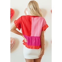 Tomato Red Mix Knitted Patchwork Ruffle Trim Loose Sweater - S thumbnail