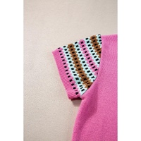 Bright Pink Contrast Printed Cap Sleeves Crewneck Sweater - M thumbnail