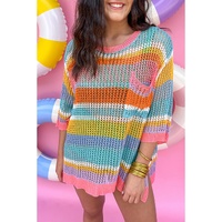 Pink Stripe Colorblock Hollowed Crochet 3/4 Sleeve Sweater - S thumbnail