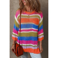 Orange Stripe Colorblock Hollowed Crochet 3/4 Sleeve Sweater - M thumbnail