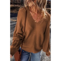 Camel Ribbed Knit Drop Sleeve V Neck Loose Fit Sweater - M thumbnail