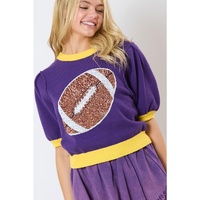 Purple Sequin Rugby Color Block Puff Short Sleeve Sweater - XL thumbnail