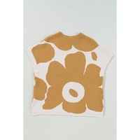 Camel Big Flower Pattern Stand Neck Short Sleeve Sweater - L thumbnail
