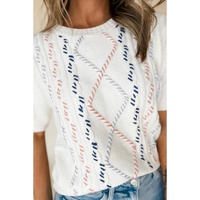 White Multicolor Stitch Detail Cable Knit Short Sleeve Sweater - L thumbnail