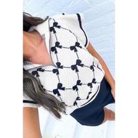 Black Preppy Vibes Bow Print Zipped Collar Sweater Tee - L thumbnail