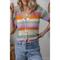 Orange Colorblock Striped Pointelle Knit V Neck Buttoned Crop Short Sleeve Sweater - M thumbnail