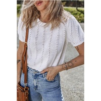 White Pointelle Knit Short Puff Sleeve Crewneck Sweater - M thumbnail