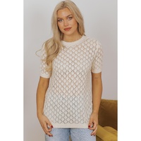 Beige Hollow Out Crochet O Neck Short Sleeve Sweater Tee - XL thumbnail
