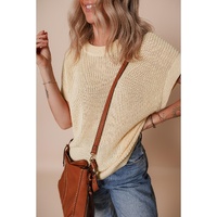 Oatmeal Solid Color Batwing Short Sleeve Round Neck Knit T Shirt - L thumbnail