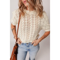Beige Hollowed Pattern Knit Short Puff Sleeve Sweater - L thumbnail