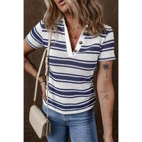 Dark Blue Stripe Collared Button V Neck Knitted T Shirt - S thumbnail