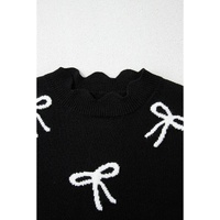 Black Bow Print Side Ties Scalloped Hem Sweater T Shirt - M thumbnail