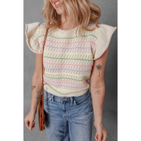 Oatmeal Colorful Striped Eyelet Knit Ruffled Sleeve Sweater T Shirt - S thumbnail