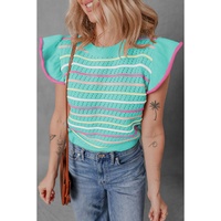Green Colorful Striped Eyelet Knit Ruffled Sleeve Sweater T Shirt - L thumbnail