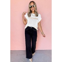 White Knitted YEEHAW Stitch Edge Crew Neck Sweater T Shirt - S thumbnail