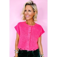 Bright Pink Distressed Hem Short Sleeve Knitted Button Front Sweater - L thumbnail