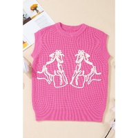 Bright Pink Western Horse Embroidered Round Neck Sweater Tee - S thumbnail