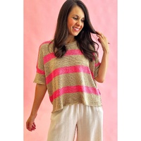 Pink Stripe Colorblock Short Sleeve Crew Neck Lightweight Sweater - M thumbnail