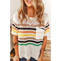 White Striped Pocketed Loose Fit Crewneck Knitted T Shirt - M thumbnail