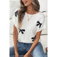 Black Bow Pattern Knit Short Sleeve Sweater - L thumbnail