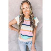 Multicolour Striped Color Block Flutter Sleeve Patchwork Sweater Top - S thumbnail