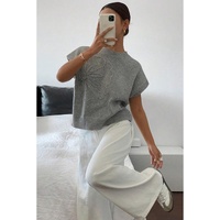 High Flower Pattern Ribbed Trim Short Sleeve Boxy Sweater - XL thumbnail