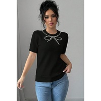 Black Pearl Bow Necklace Embellished Short Sleeve Knitted T Shirt - M thumbnail