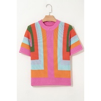 Orange Color Block Eyelet Casual Sweater T Shirt - XL thumbnail