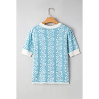 Sky Blue Contrast Floral Crewneck Short Sleeve Sweater - L thumbnail