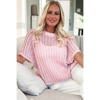 Pink Hollow-out Crochet Side Tied Short Sleeve Sweater - M thumbnail