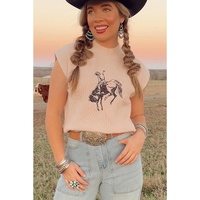 Oatmeal HOWDY Rodeo Cowboy Graphic High Neck Short Sleeve Sweater - S thumbnail