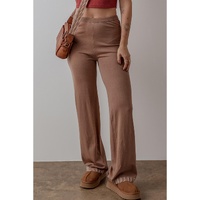 Straw Yellow High Waist Straight Leg Knitted Pants - M thumbnail