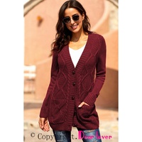 Burgundy Front Pocket and Buttons Closure Cardigan - 2XL thumbnail