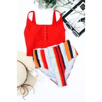 Square Neck Sleeveless Fashion Print Tankini Set - L thumbnail