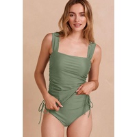 Mist Green Drawstring Ruched Wide Straps Tankini Set - M thumbnail