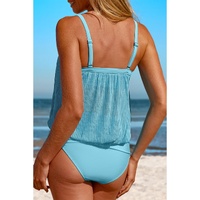 Turquoise Striped Mesh Knotted Hem Tankini Swimsuit - M thumbnail