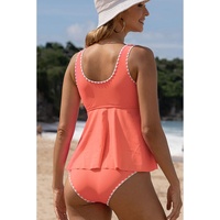Fresh Salmon Contrast Trim Ruffled Peplum Top Tankini Swimsuit - S thumbnail