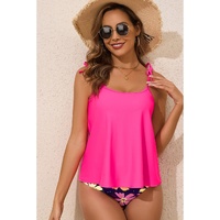 Rose Red Tie Shoulder Floral Print Cute Tankini Set - M thumbnail