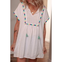 White Colorful Fringed Detail Tassel Tie Neck Short Sleeve Blouse - S thumbnail