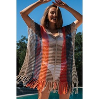 Multicolor Striped Tassel Crochet V Neck Beach Cover Up - L thumbnail