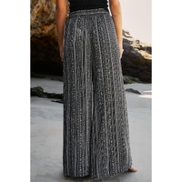 Black Printed Striped Printed Slit Wide Leg High Waist Pants - L thumbnail