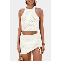 White Hollowed Crochet Cropped 2 Piece Beach Dress - XL thumbnail