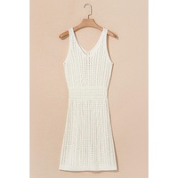White Eyelet Crochet Sleeveless V Neck Beach Dress - L thumbnail