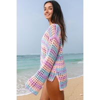 Purple Multi Stripe Open Knit Sweater Beach Cover Up - M thumbnail